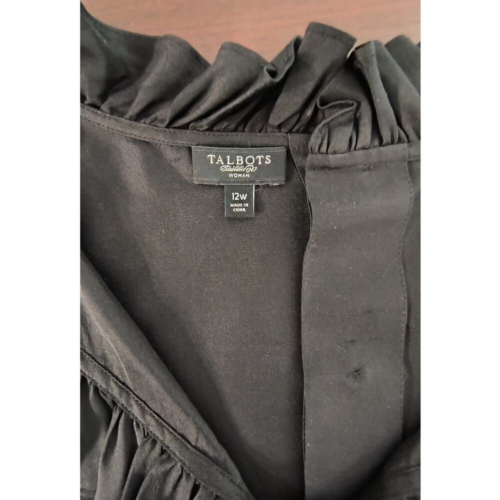 Talbots Silk Button Back Top Women's Sz12W Black V-Neck Ruffled Short Sleeve - Picture 8 of 16